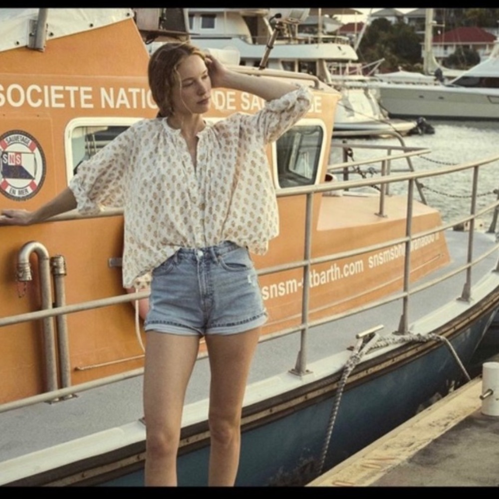 Doen Jane Blouse Cream Sunflower Block Print - Organic Cotton XS NEW